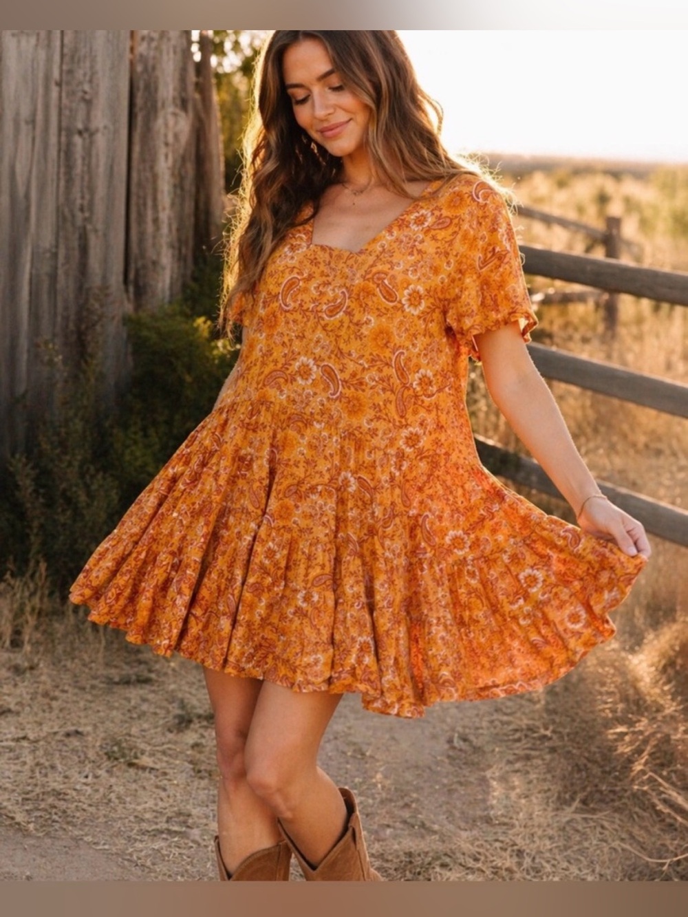 Orange Floral Paisley Tiered Dress | Boho Fall Pumpkin Patch | Size Medium